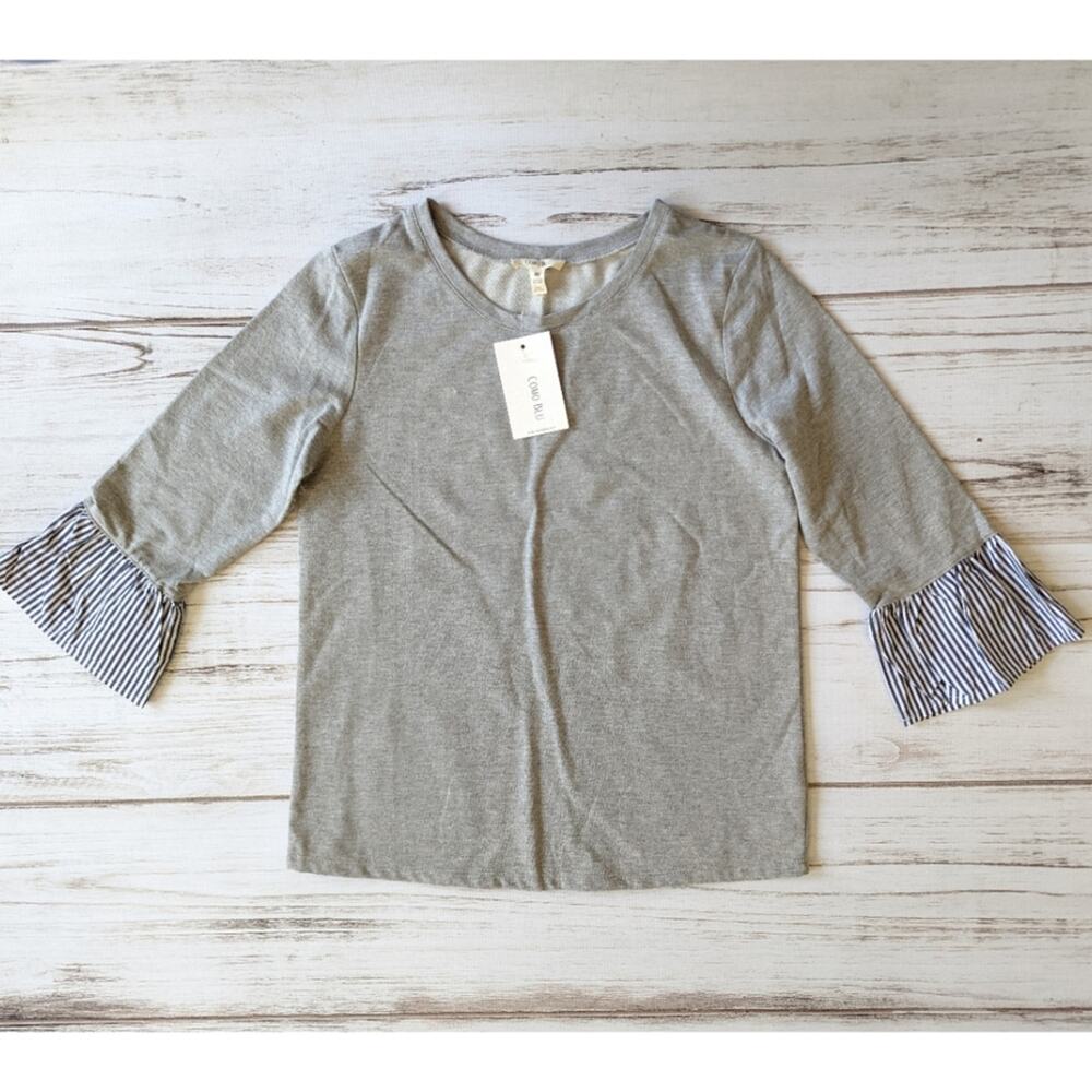 Como Blu Gray Top with Stripe Statement Sleeves sz Medium New
